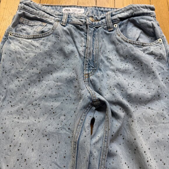 Zara Size 6 Light Wash Denim Rhinestone Embellished Distressed Wide Leg Jeans - Picture 6 of 16